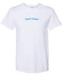 White Short Sleeve Tee Shirt (Blue Script Lettering)